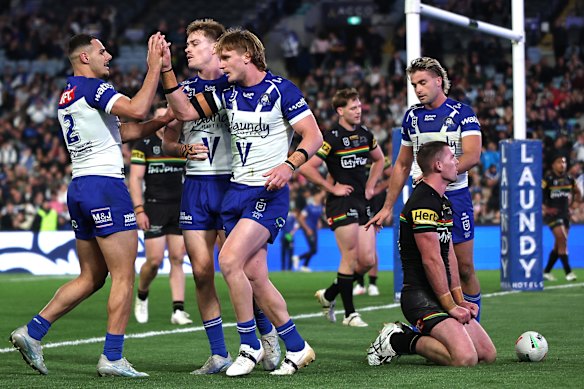 Jacob Preston celebrates his try again Penrith.