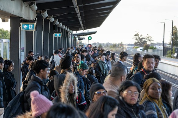 The commuter crush at Rockbank station on a Monday morning.