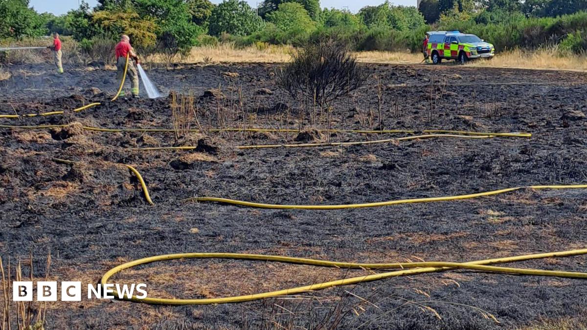 Two firefighters in red shirts and yellow trousers are holding long yellow hoses and spraying water onto scorched ground after a grass fire. In the background is a fire service vehicle parked on unburnt grass with trees and a blue sky behind.