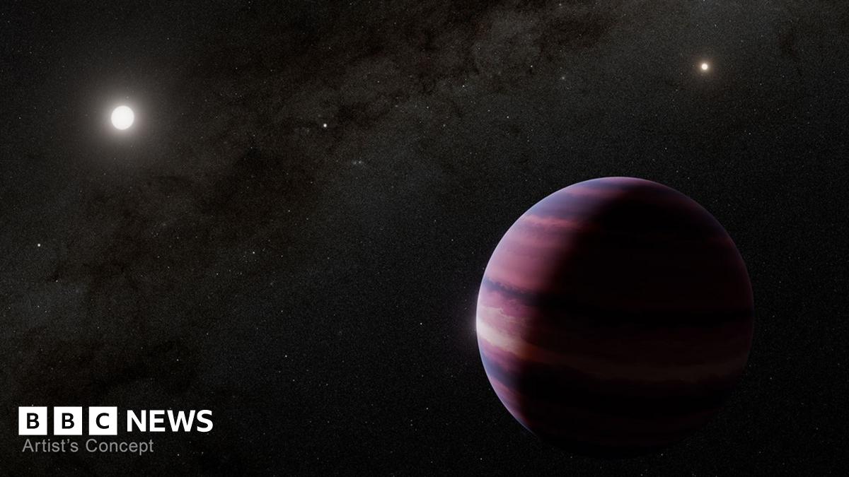 This artist’s concept shows what a gas giant orbiting Alpha Centauri A could look like. In this concept, Alpha Centauri A is depicted at the upper left of the planet, while the other Sun-like star in the system, Alpha Centauri B, is at the upper right. Our Sun is shown as a small dot of light between those two stars.