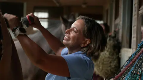 Tao Baker can be seen in a sky blue T-shirt brushing the side of a horse. Tao has blonde streaks in her hair and is smiling.