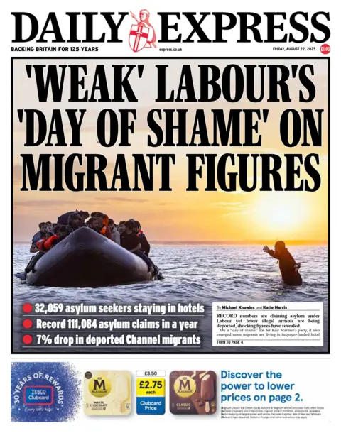 "'Weak' Labour's 'day of shame' on migrant figures" reads the headline on the front page of the Daily Express.
