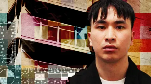 BBC Treated image of Zhenhao Zou featuring his police mugshot. He is looking straight at the camera with a serious expression. He has straight dark hair with a long fringe and is wearing a white t-shirt and black shirt.