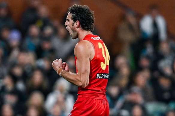 Ben King of the Suns celebrates a goal.