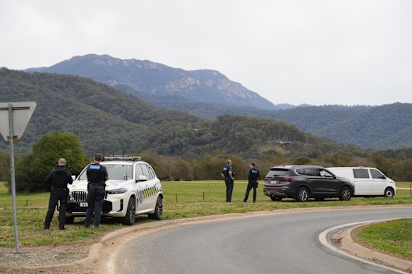Police at the scene of a shooting in the High Country town of Porepunkah.