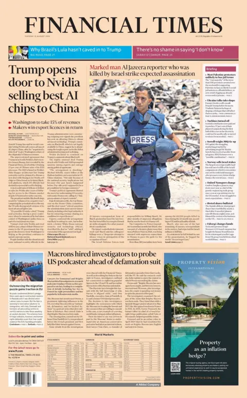 "Trump opens door to Nvidia selling best AI chips to China" reads the headline on the front page of the Financial Times.