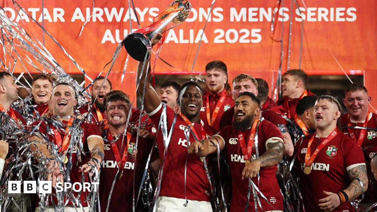 Maro Itoje lifts the Tom Richards Cup following the Lions' 2-1 series win