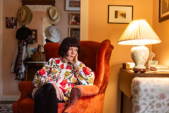 Alison Beatty at her home in the Blue Mountains. “I was in intensive care for a long time. The surgeon said, ‘you’re very lucky to have survived’. I sat on this for some time but I was angry about it.”