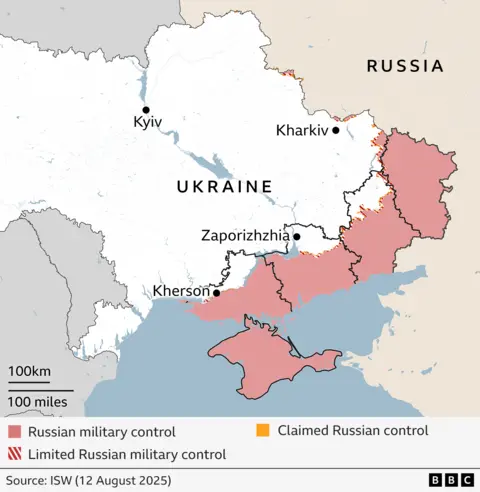 A map showing areas of control in Ukraine.