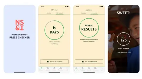Four screen grabs of the NS&I app in a row. On the left is the homepage of the app, with the NS&I logo in orange on a light blue background and the words "Premium bonds prize checker" in black capital letters set out in two lines below. The next two grabs show pages containing the countdown to the next draw by number of days and another with the words "Reveal results" inside a green circle outline. The final grab shows a person holding an ice cream with the heading "SWEET!" at the top and a notification of a £25 prize.