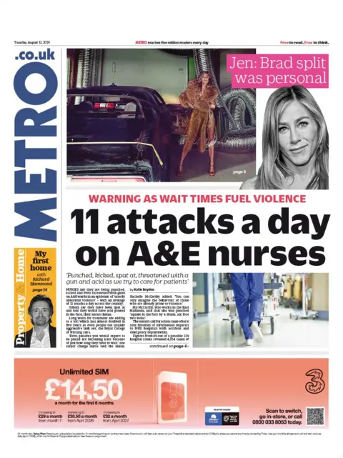 "11 attacks a day on A&E nurses" reads the headline on the front page of Metro.