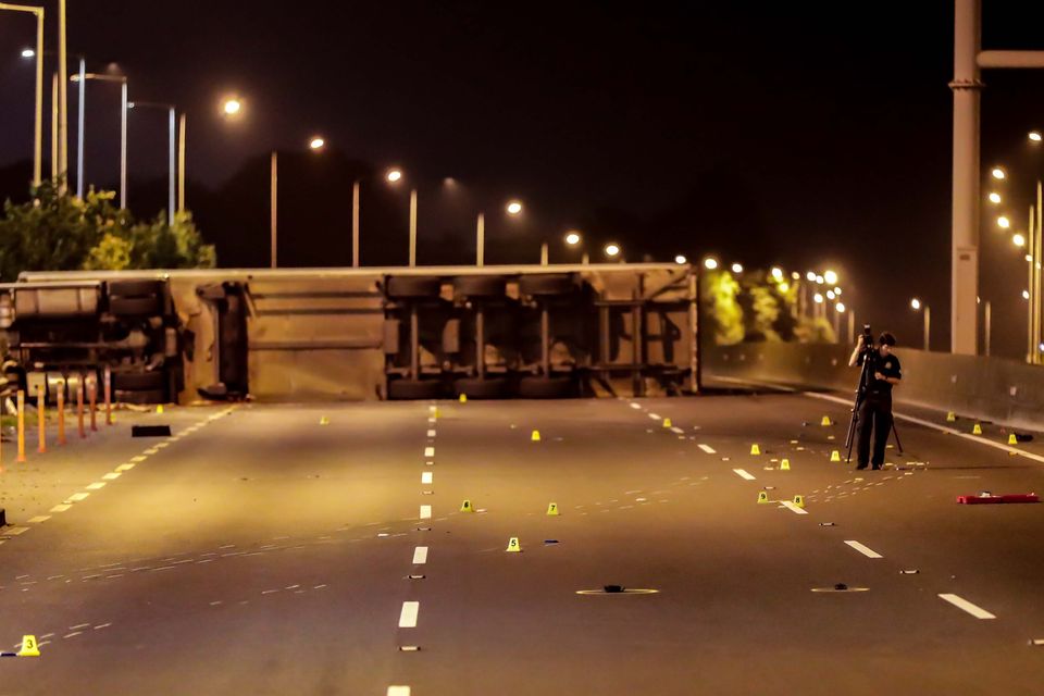 The scene of a fatal crash on the N7 westbound near Rathcoole in Dublin after an articulated truck collided with two cars. The truck driver was pronounced dead at the scene. Photo: Damien Storan.