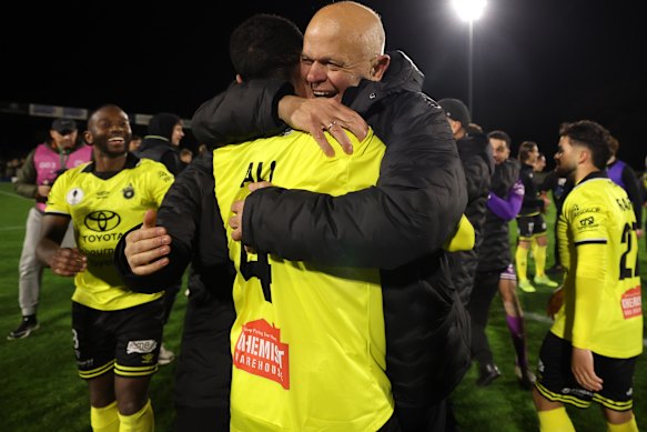 John Anastasiadis coach of Heidelberg United FC celebrates after beating Auckland FC.