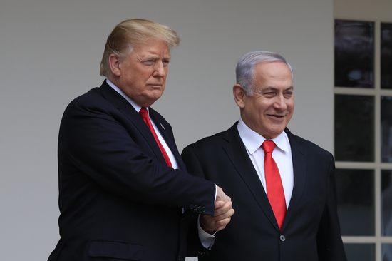 President Donald Trump welcomes visiting Israeli Prime Minister Benjamin Netanyahu to the White House in Washington, Monday, March 25, 2019. (AP Photo/Manuel Balce Ceneta)