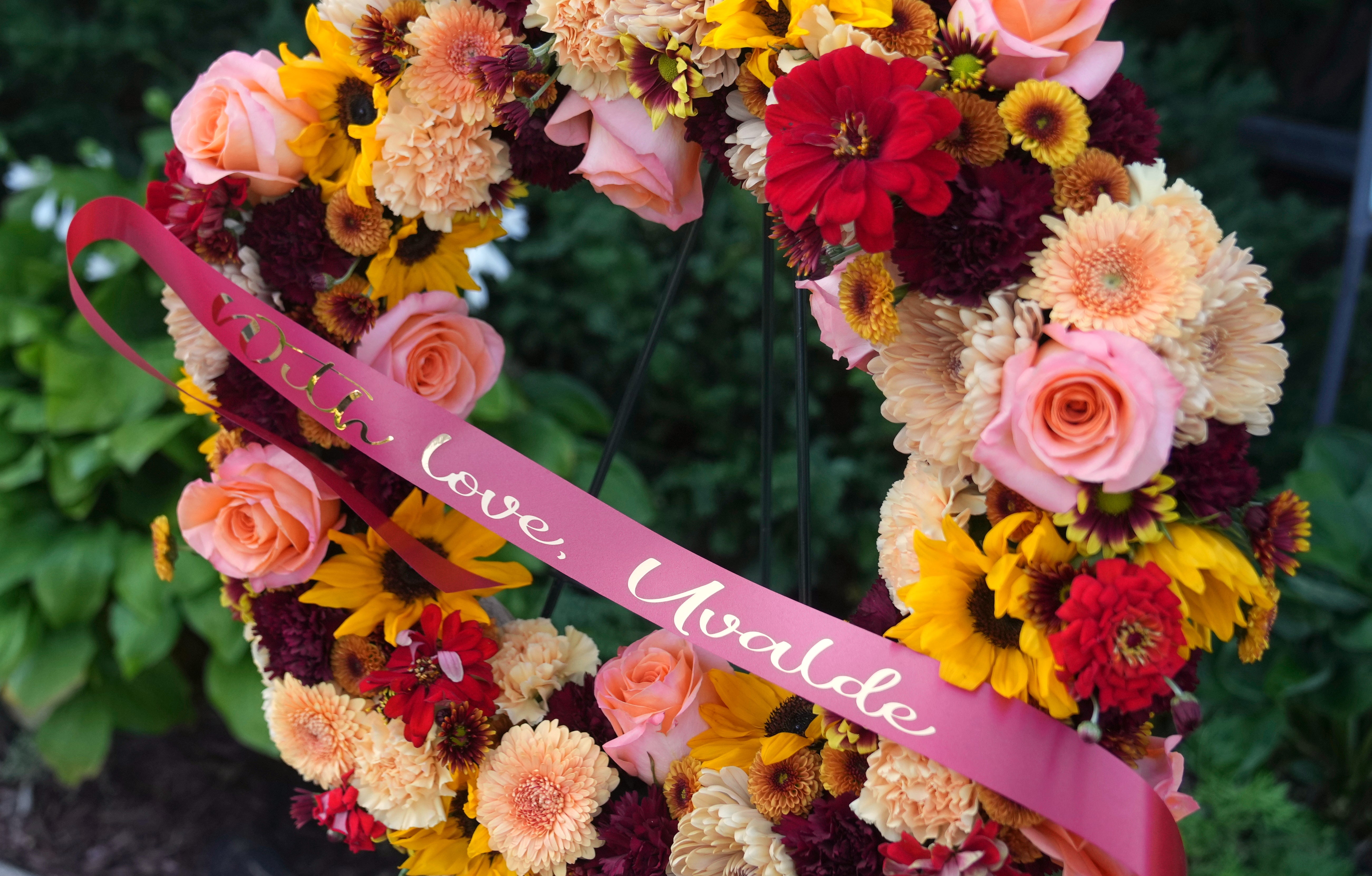 Families of the victims of the Uvalde school shooting sent a wreath of flowers in support of the Annunciation Catholic School community following yesterday's shooting.