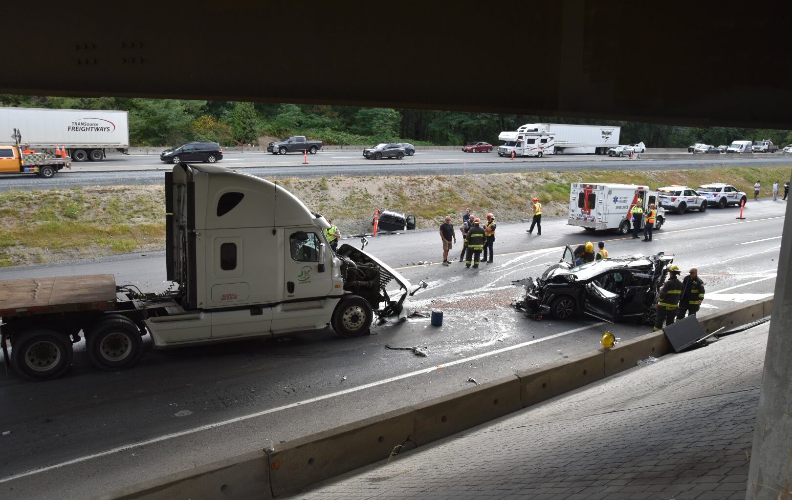 One taken to hospital after collision; HWY 1 closed westbound at 248th Street in Langley