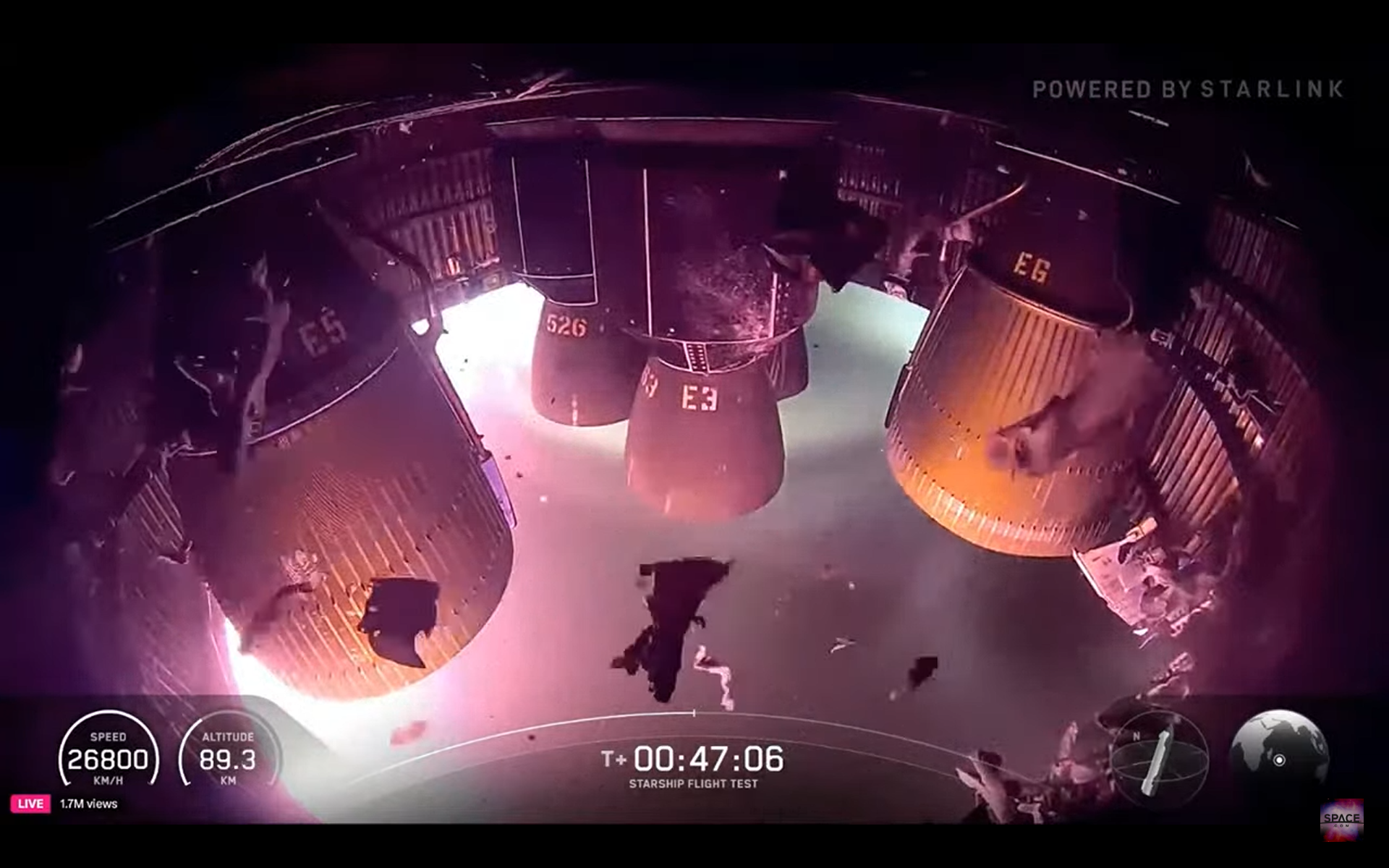 A view of the damage to the aft skirt of SpaceX's Starship Flight 10 Ship during reentry.