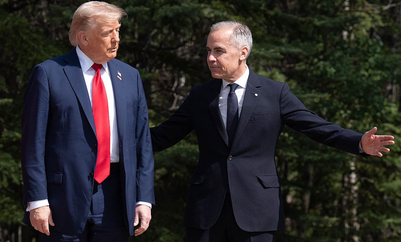 President Donald Trump and Canadian Prime Minister Mark Carney at the G7 Leaders Summit on June 15, 2025 in Kananaskis, Canada. (Stefan Rousseau - Pool/Getty Images)