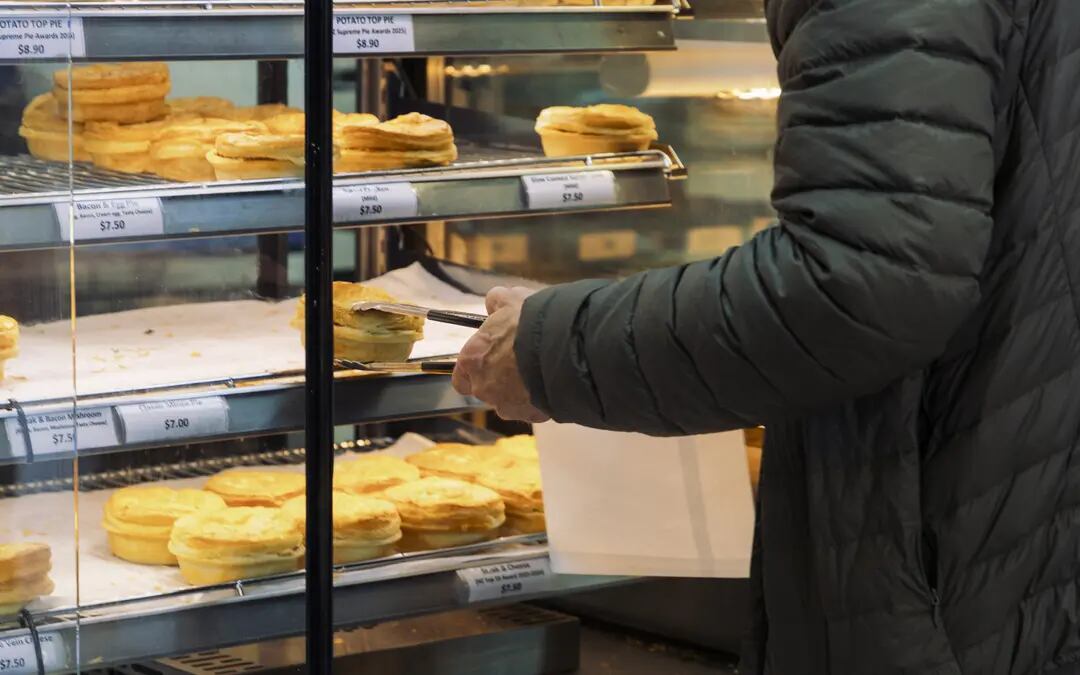 Pies being sold at Rosedale Bakery and Cafe in Auckland’s Northshore. Photo / RNZ, Yiting Lin