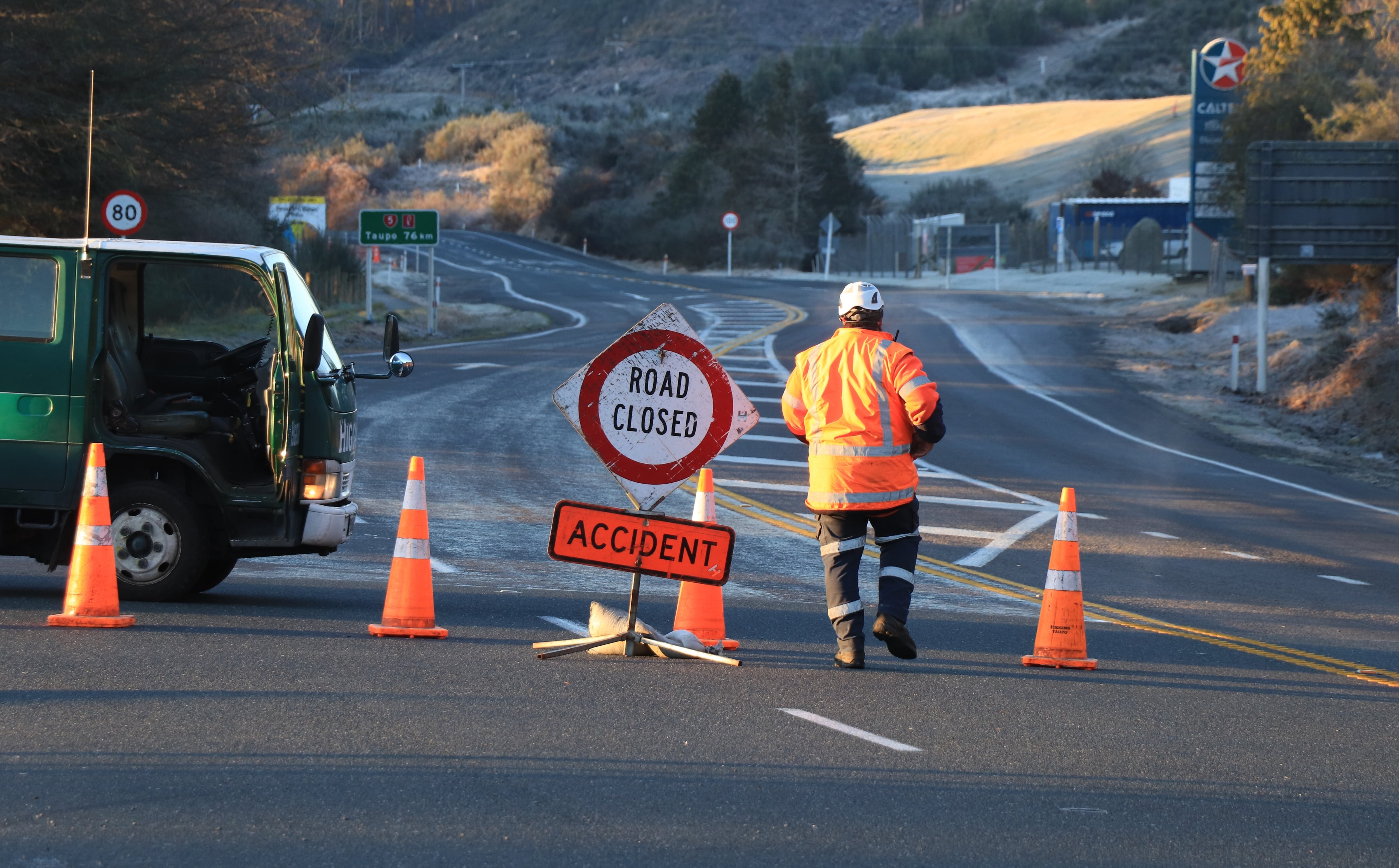 Cordon at the intersection of SH5 and Waipa State Mill Rd south of Rotorua after a fatal crash this morning. Photo / Ben Fraser