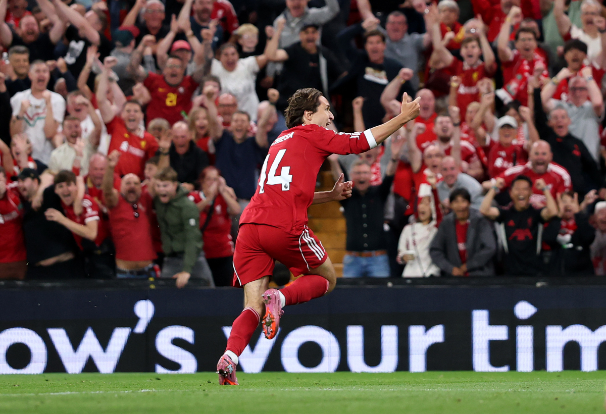 LIVERPOOL, ENGLAND - AUGUST 15: Federico Chiesa of Liverpool celebrates scoring his team