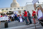 A rally on the front steps of the Oregon State Capitol, Aug. 29, 2025, where ODOT employees represented by SEIU Local 503 called on legislators to pass a transportation package during the special session called by Gov. Tina Kotek.