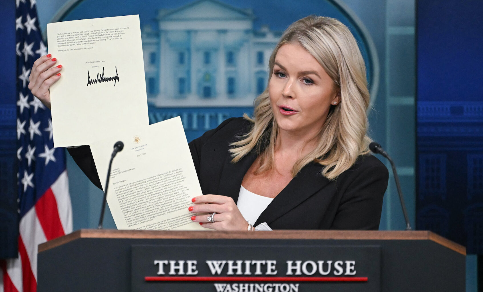 White House Press Secretary Karoline Leavitt during the daily briefing, July 7, 2025. (Andrew Caballero-Reynolds/AFP via Getty Images)