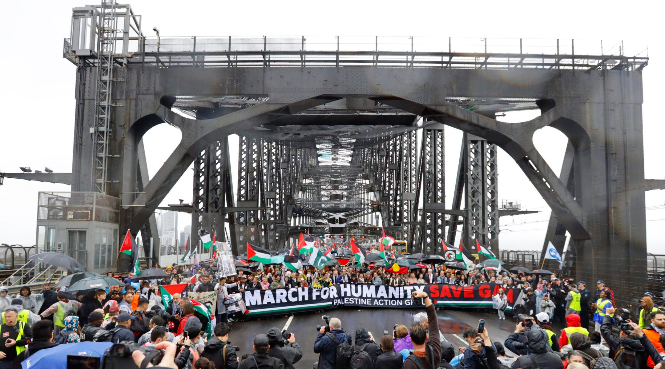Protesters march across the Sydney Harbour Bridge during the “March for Humanity Save Gaza,” Aug. 3, 2025.