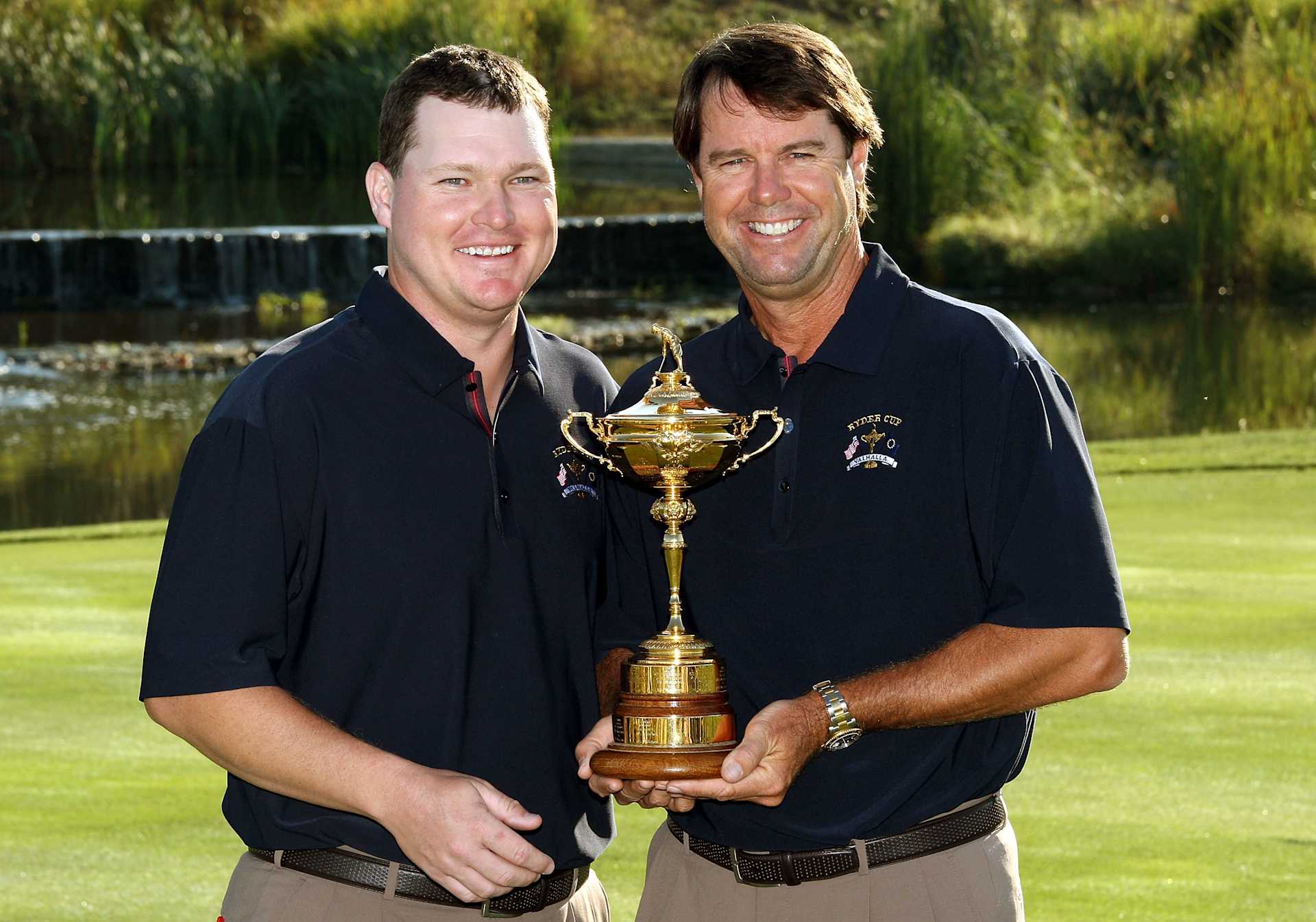 LOUISVILLE, KY - SEPTEMBER 17:  Chad Campbell of the USA team (L) poses with team captain Paul Azinger during the USA team photo shoot prior to the 2008 Ryder Cup at Valhalla Golf Club on September 17, 2008 in Louisville, Kentucky.  (Photo by David Cannon/Getty Images)
