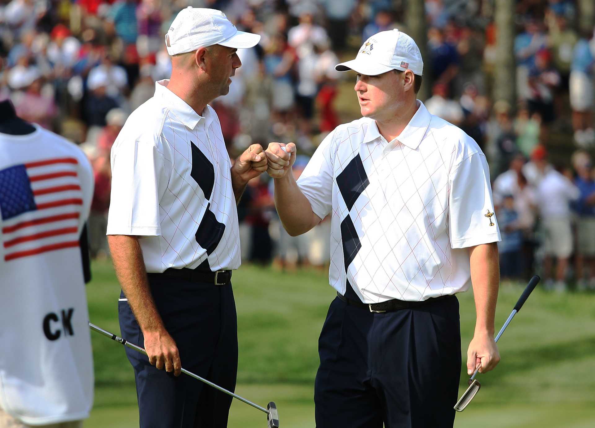 LOUISVILLE, KY - SEPTEMBER 19:  Stewart Cink and Chad Campbell of the USA team celebrate a putt during the morning foursomes on day one of the 2008 Ryder Cup at Valhalla Golf Club on September 19, 2008 in Louisville, Kentucky.  (Photo by Ross Kinnaird/Getty Images)