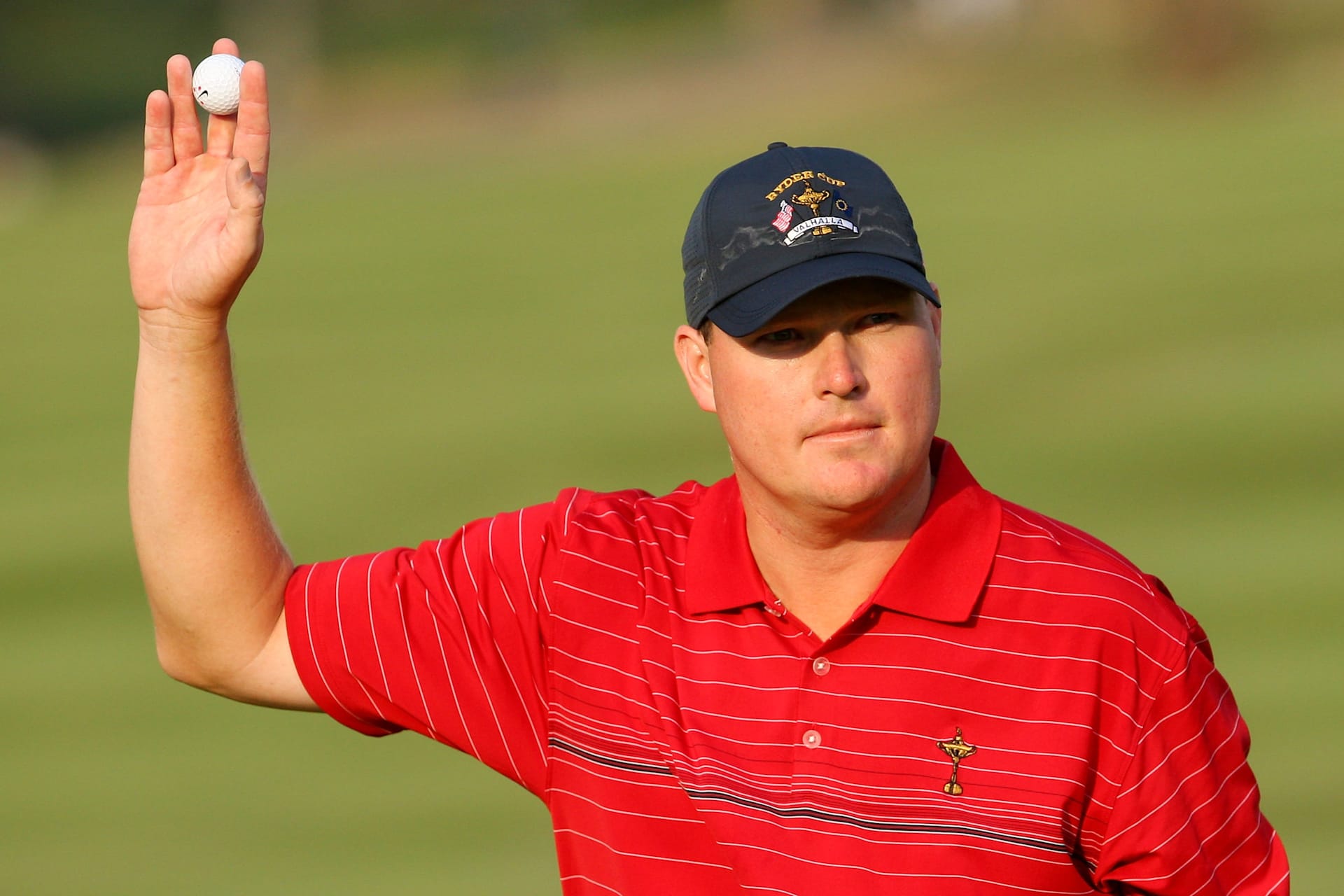 LOUISVILLE, KY - SEPTEMBER 21:  Chad Campbell of the USA team holds up his golf ball during the singles matches on the final day of the 2008 Ryder Cup at Valhalla Golf Club on September 21, 2008 in Louisville, Kentucky.  (Photo by Andrew Redington/Getty Images)