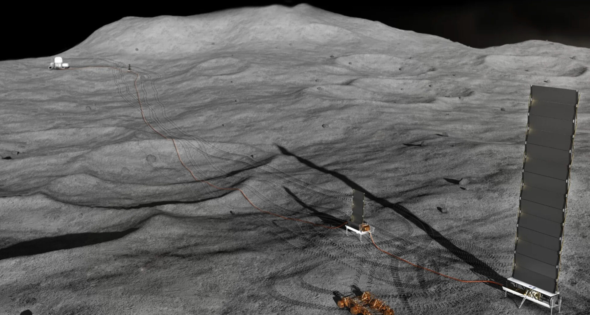 illustration of a small, faraway moon base on the hilly, crater-marked surface of the moon.