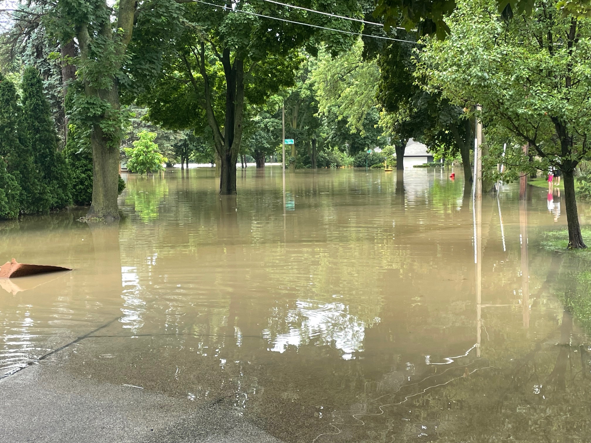 Flooded residential street with water covering the pavement and reaching up to trees and mailboxes; overcast weather and green foliage visible.