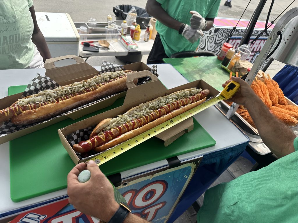 Two-foot long hot dog. 