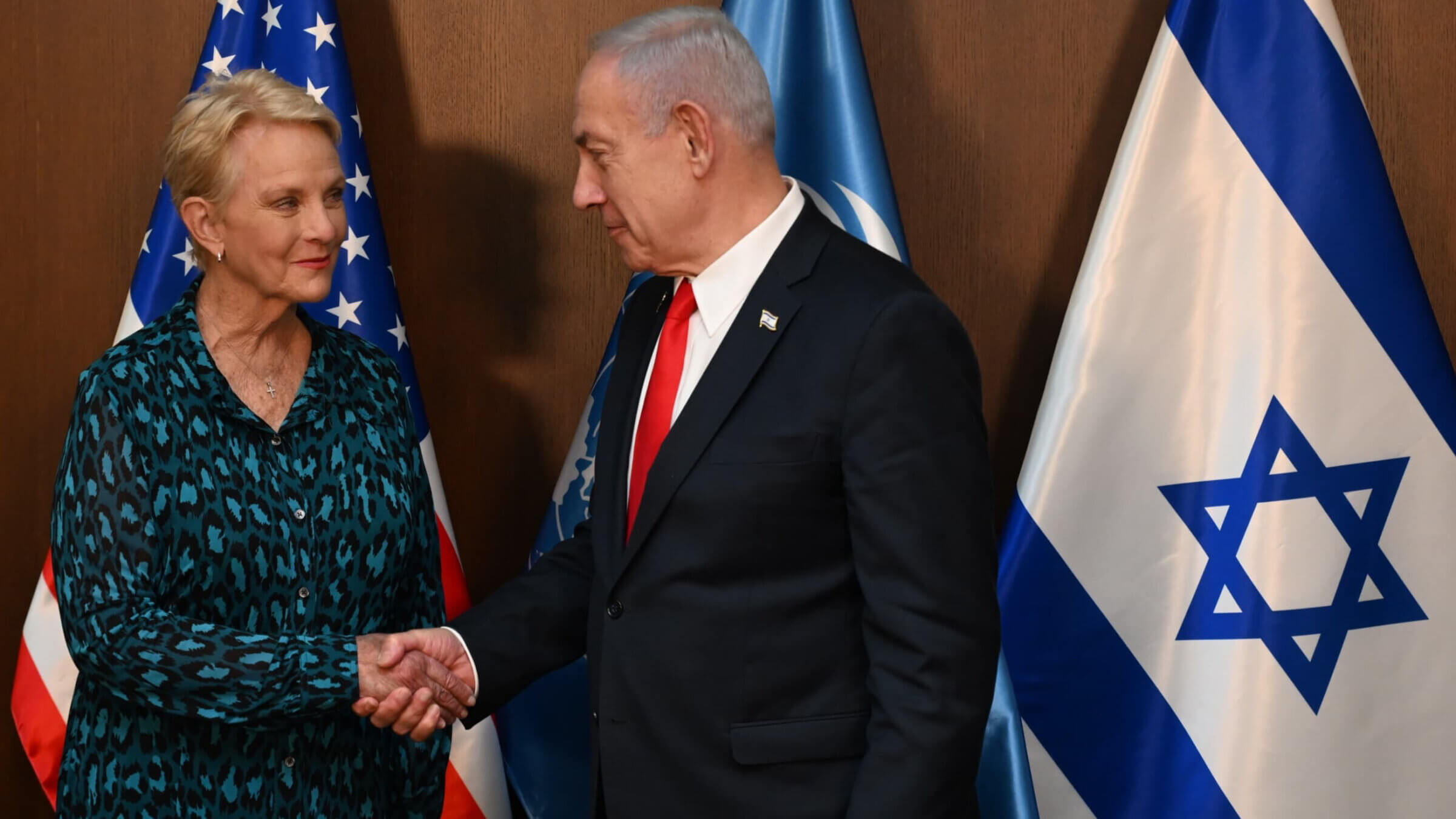 Cindy McCain, executive director of the World Food Programme, shakes hands with Israeli Prime Minister Benjamin Netanyahu