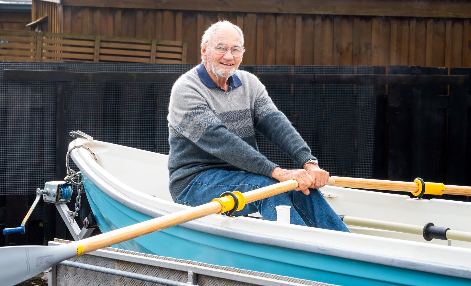 David Stubbs has retrofitted a 5m, Finnish-made dinghy with sliding seats for sculling.  Photo: Brydie Thompson.