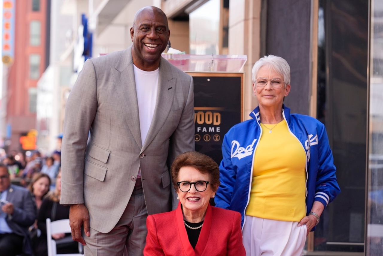 Magic Johnson, from left, Billie Jean King, and Jamie Lee Curtis