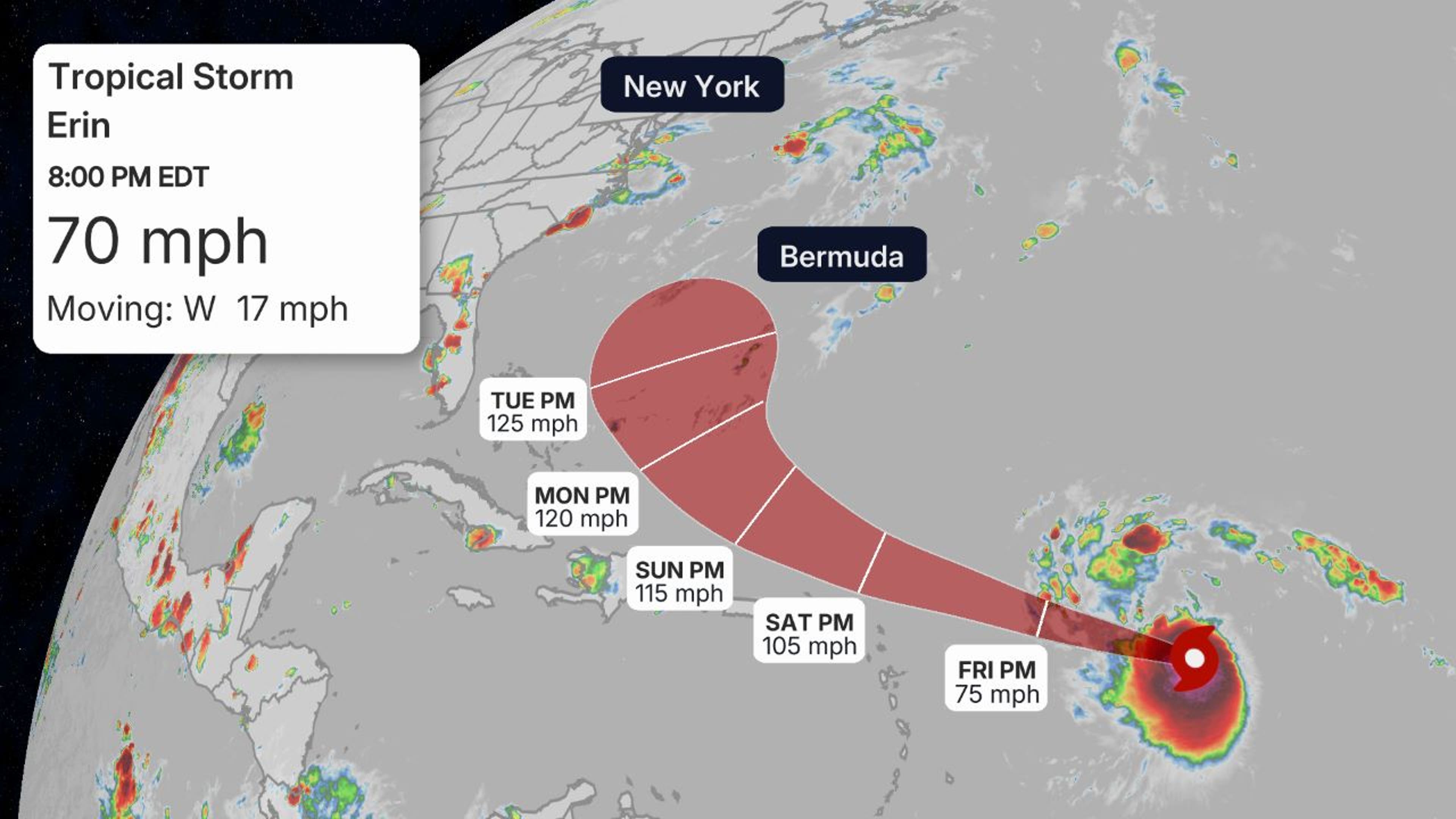 The red-shaded area denotes the potential path of the center of the tropical cyclone. It's important to note that impacts (particularly heavy rain, high surf, coastal flooding, winds) with any tropical cyclone usually spread beyond its forecast path.