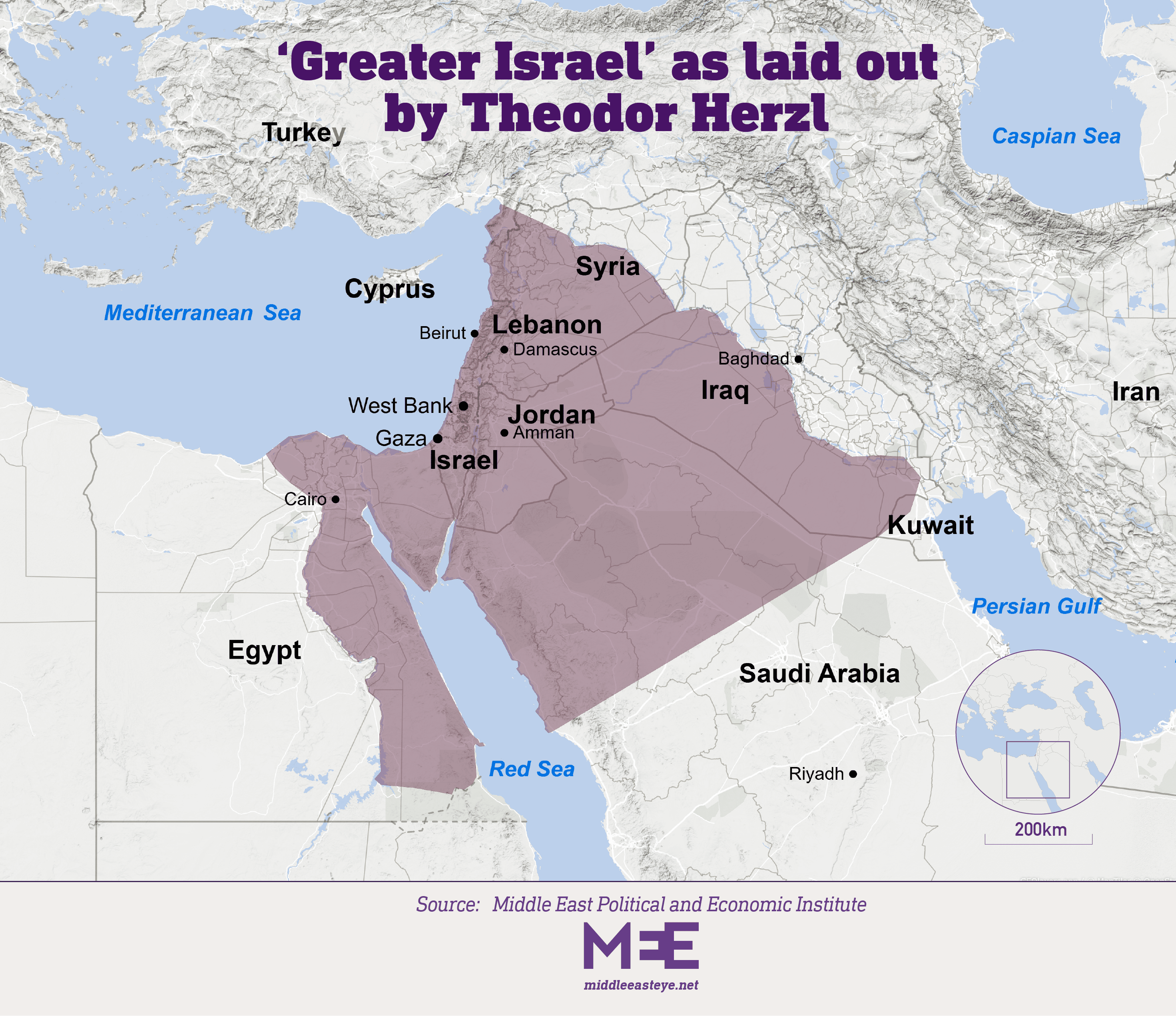 A map of 'Greater Israel', as laid out by Theodor Herzl