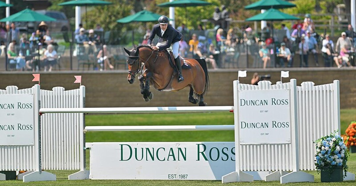 A man jumping a bay horse over a fence at Spruce Meadows.