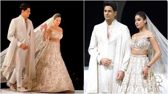 Sidharth Malhotra and Janhvi Kapoor walk as showstoppers at designer Gaurav Gupta’s fashion show on August 9. (Instagram/ The Wedding Story and Shiva Chiliveri)