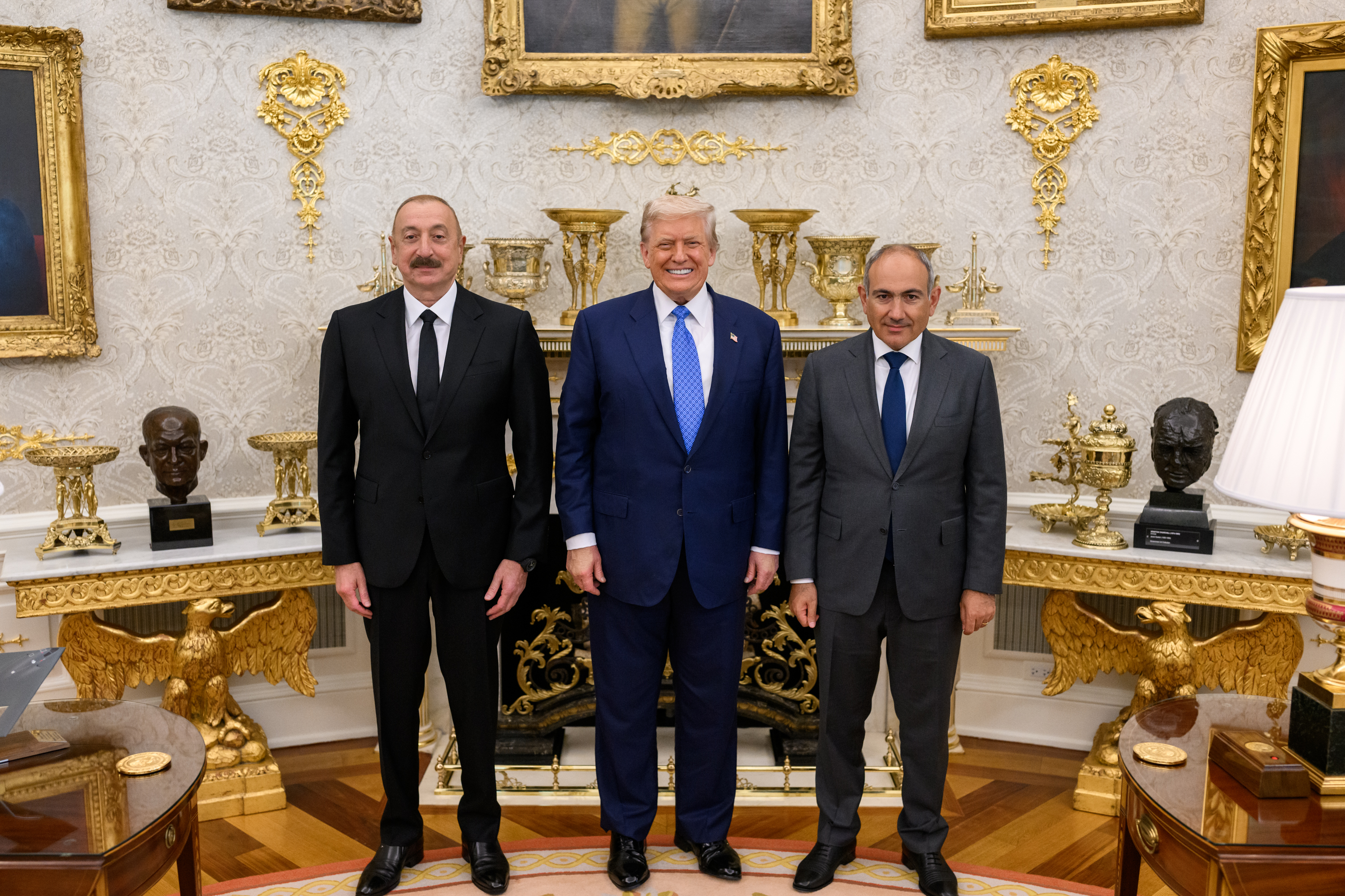 President Donald Trump poses for a photo with President Ilham Aliyev of Azerbaijan and Prime Minister Nikol Pashinyan of Armenia, Friday, August 8, 2025, in the Oval Office. (Official White House Photo by Daniel Torok)
