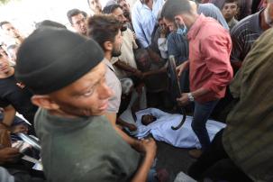 Funeral of 20 Palestinians at Al-Shifa Hospital, following the recent Israeli attacked in the northern Gaza Strip, on 16 August 2025 [Moahmmed Asad/Middle East Monitor]