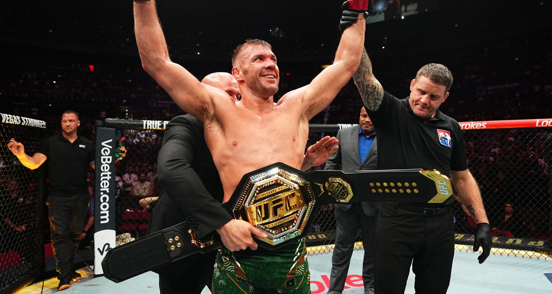 Dricus Du Plessis of South Africa reacts after a unanimous-decision victory against Sean Strickland in the UFC middleweight championship fight during the UFC 312 event at Qudos Bank Arena on February 09, 2025 in Sydney, Australia.