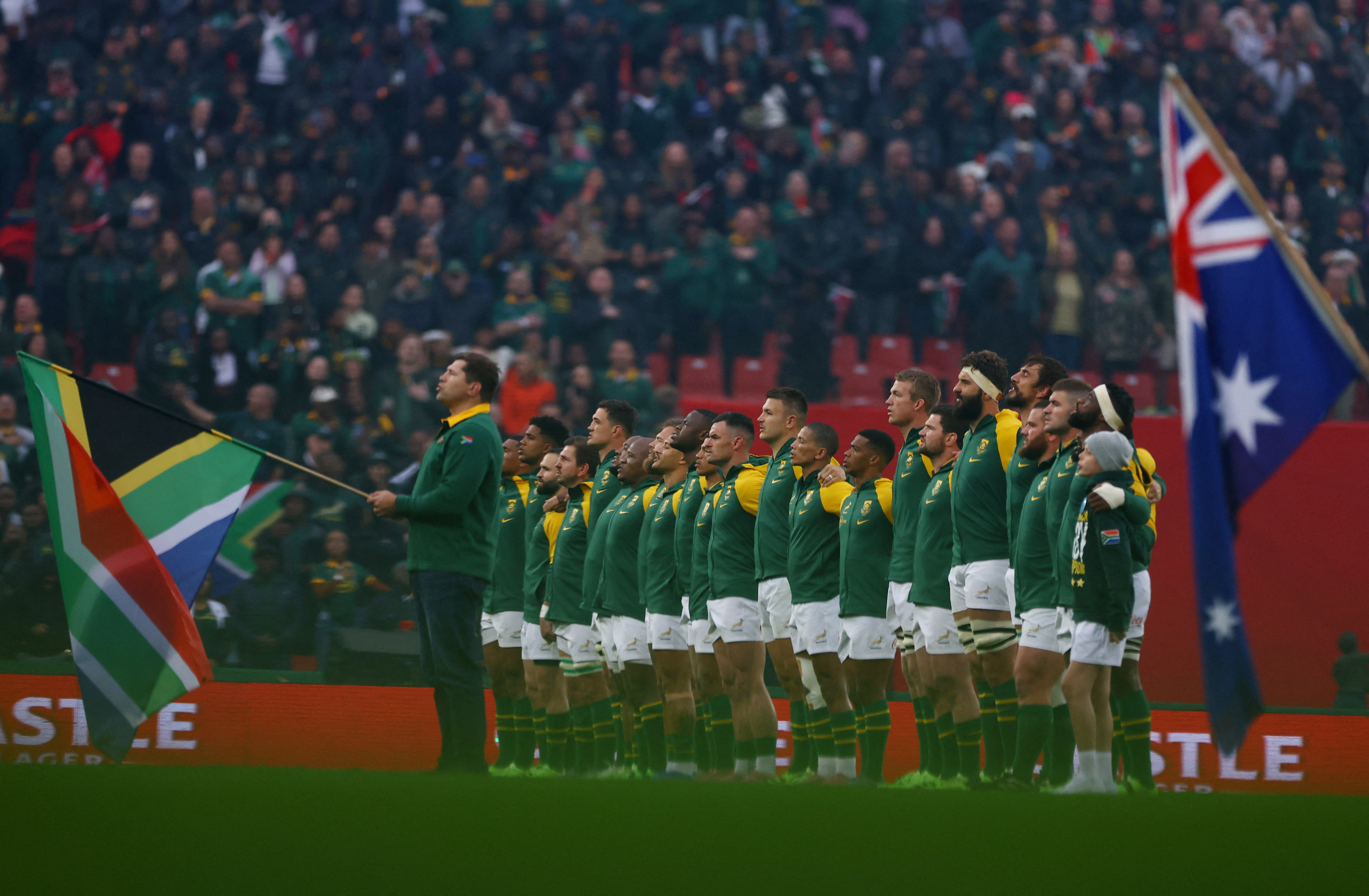 South African players sing their national anthem