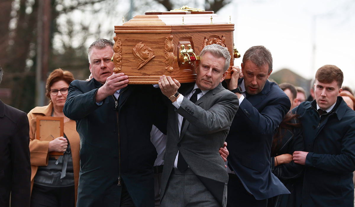 Patrick Kielty (right) carries the coffin of his mother Mary Kielty, to the Church of the Sacred Heart in Dundrum for her funeral. Picture date: Monday March 10, 2025. PA Photo. See PA story FUNERAL Kielty. Photo credit should read: Liam McBurney/PA Wire