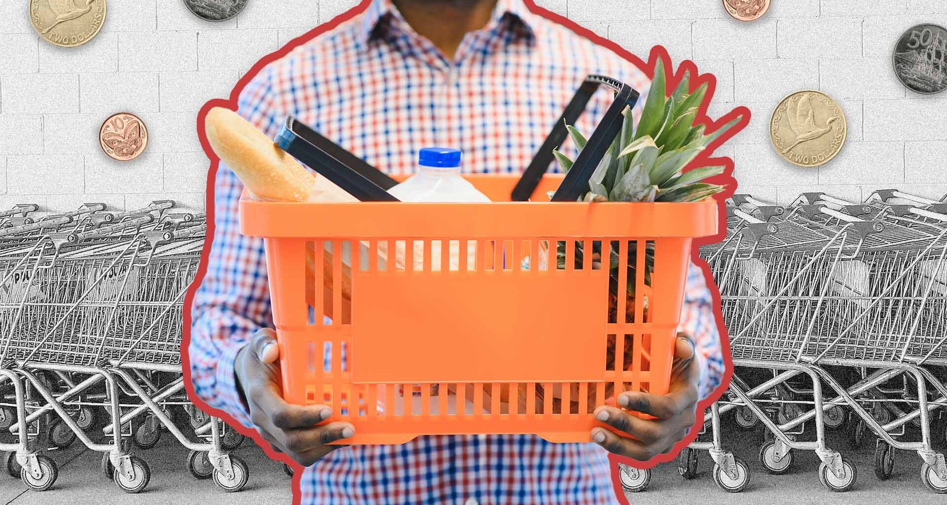 A composite image of a row of supermarket trolleys overlayed with a person holding their shopping basket which includes milk and bread.