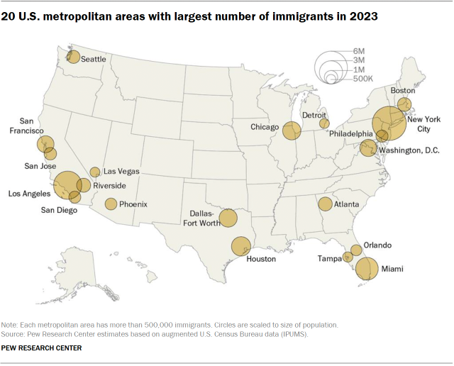 A map showing the 20 U.S. metropolitan areas with largest number of immigrants in 2023.