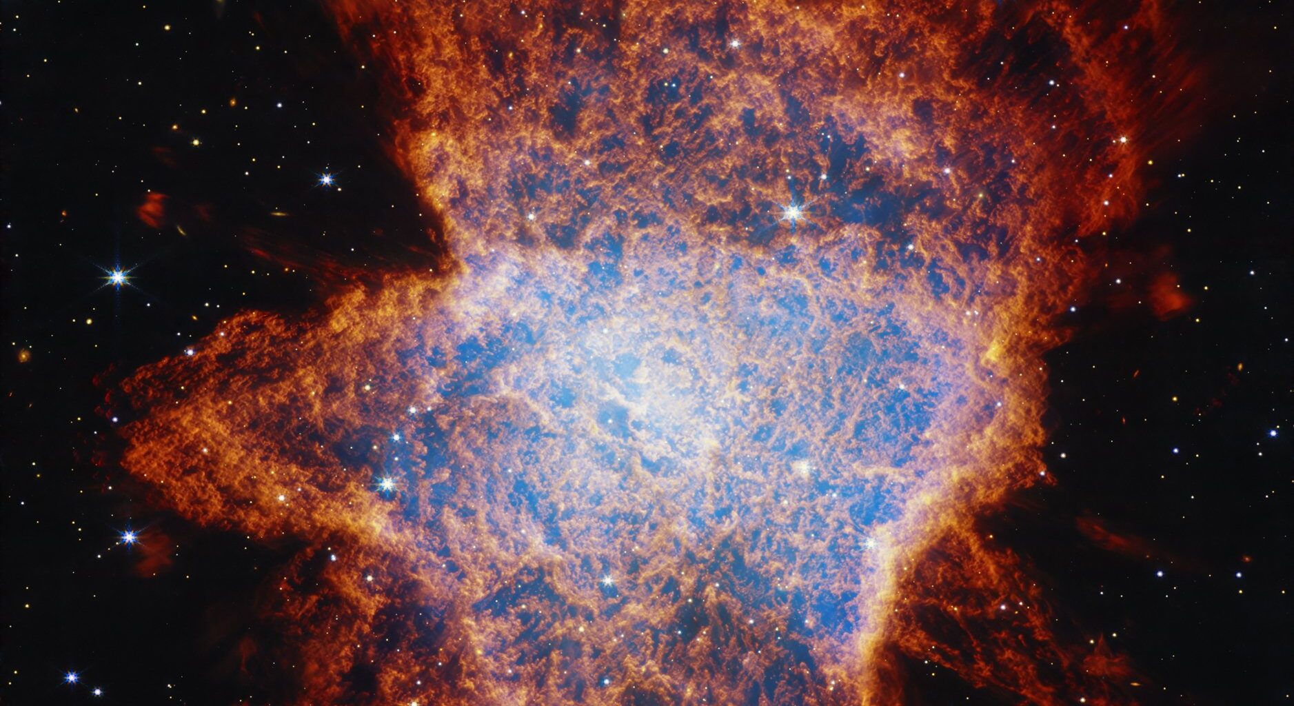 NASA’s James Webb Space Telescope’s view of NGC 6072 shows a complex scene of multiple outflows expanding at different angles from a dying star. Credit: NASA/ESA/CSA/STScI