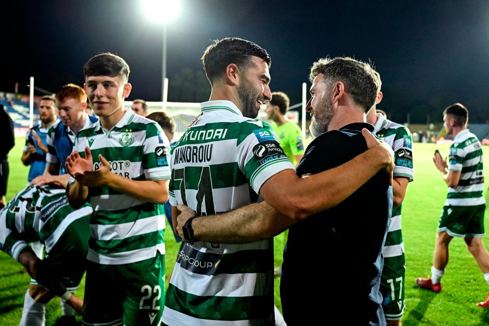 Shamrock Rovers manager Stephen Bradley, right, and Danny Mandroiu after their side's victory